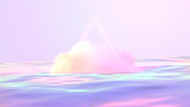 3d rendered beautiful glowing triangle frame and pastel fluffy clouds above the water.