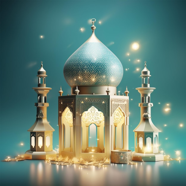 3D rendered Beautiful Islamic background with mosque and lanterns template