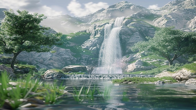 Photo 3d rendered beautiful natural waterfall landscape