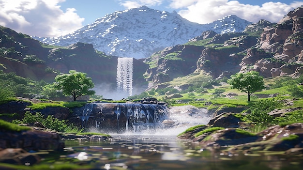 Photo 3d rendered beautiful natural waterfall landscape