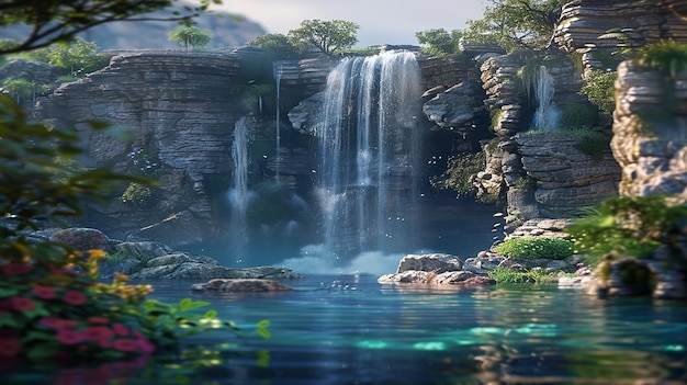 Photo 3d rendered beautiful natural waterfall landscape