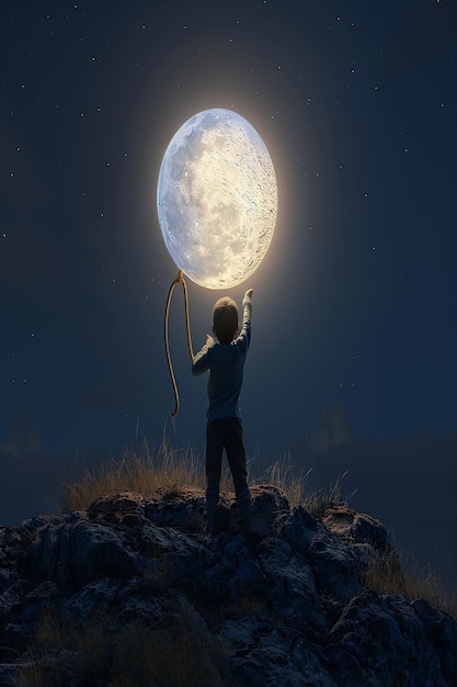 3d rendered Beautiful photorealistic a child holding the rope which is tied up with moon at night