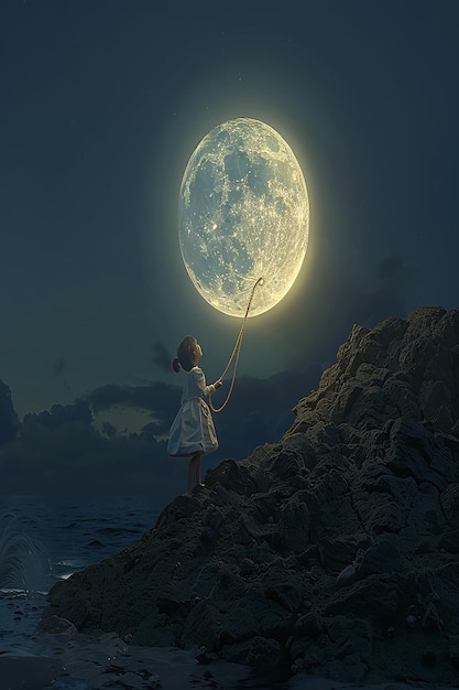 3d rendered Beautiful photorealistic a child holding the rope which is tied up with moon at night