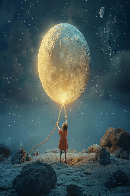 3d rendered Beautiful photorealistic a child holding the rope which is tied up with moon at night