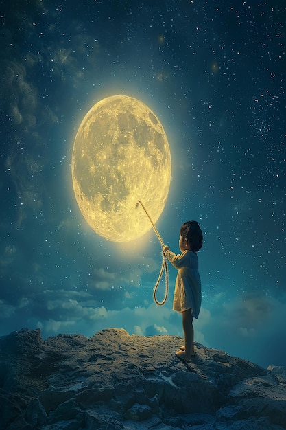 3d rendered Beautiful photorealistic a child holding the rope which is tied up with moon at night