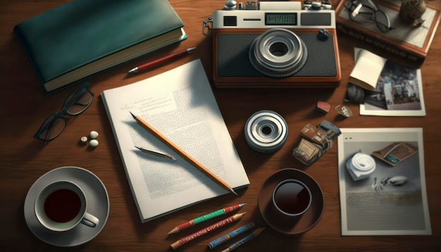 3D Rendered Bird's Eye View of a Busy Desk Scene