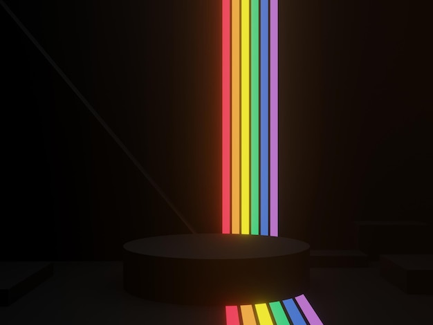 3D rendered black geometric background with LGBTQ rainbow neon lights