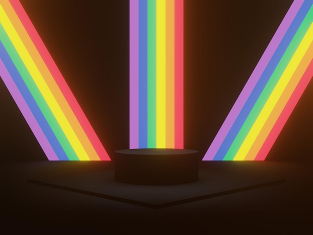 3D rendered black geometric background with LGBTQ rainbow neon lights