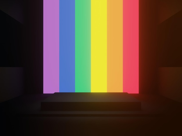 3D rendered black geometric background with LGBTQ rainbow neon lights