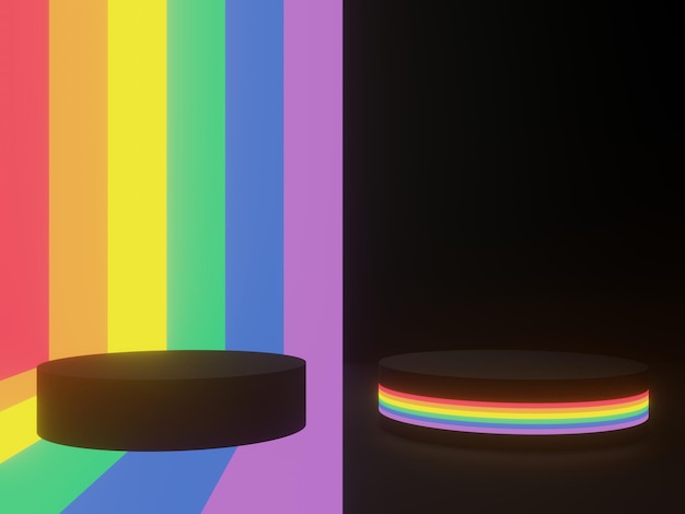 3D rendered black geometric background with LGBTQ rainbow neon lights