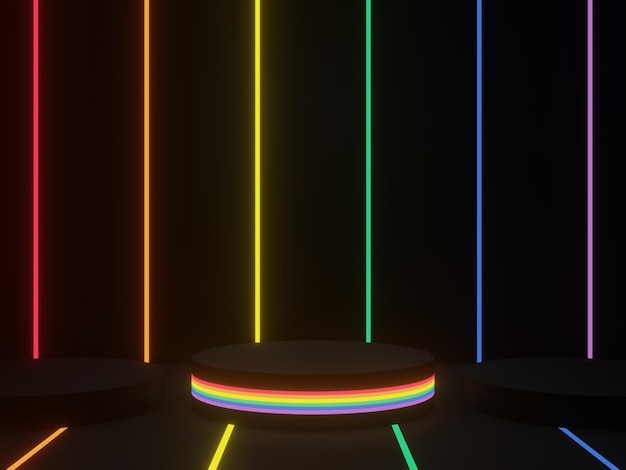 3D rendered black geometric background with LGBTQ rainbow neon lights