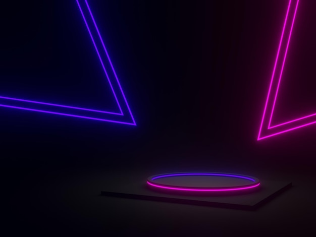 3D rendered black geometric podium with blue and purple neon lights