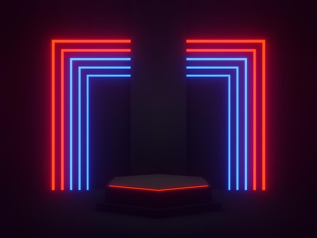 3D rendered black geometric podium with red and blue neon lights