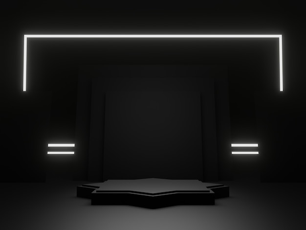 3D rendered  Black geometric podium with white neon lights Dark scientific stage