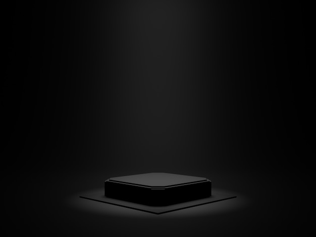 3D rendered black geometric product podium. Dark background.