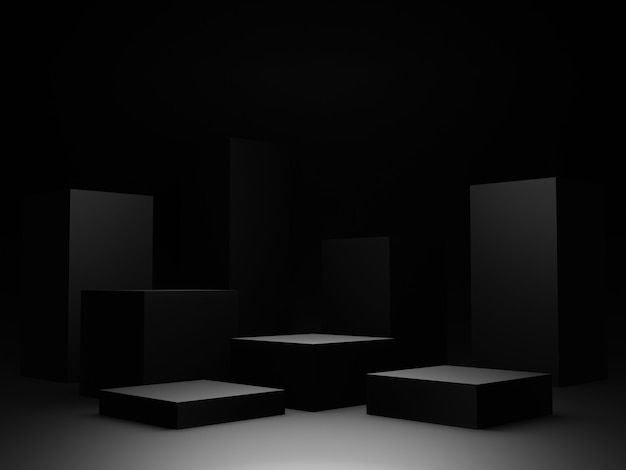 3D rendered black geometric product podium. Dark background.