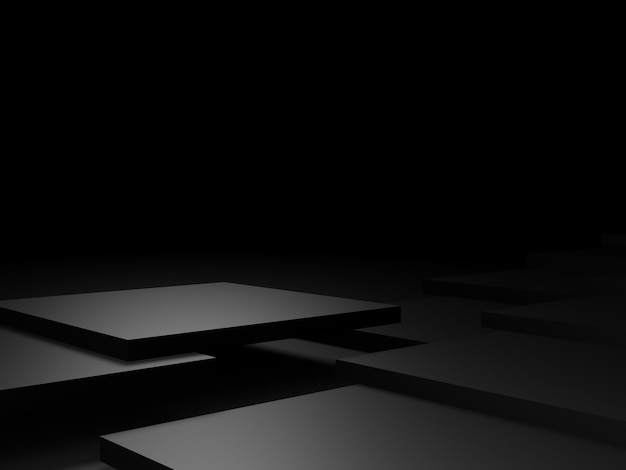 3D rendered black geometric product podium. Dark room background.