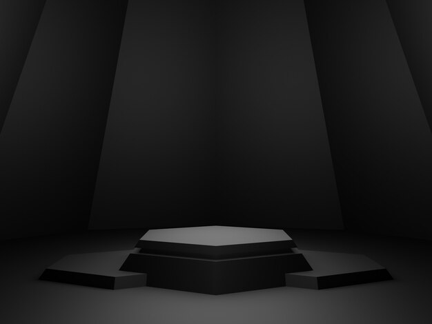 3D rendered black geometric product stand. Dark background.