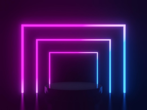 3D rendered black geometric stage with neon light Dark background