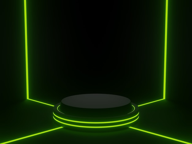 3D rendered black geometric stand with green neon light. Dark background