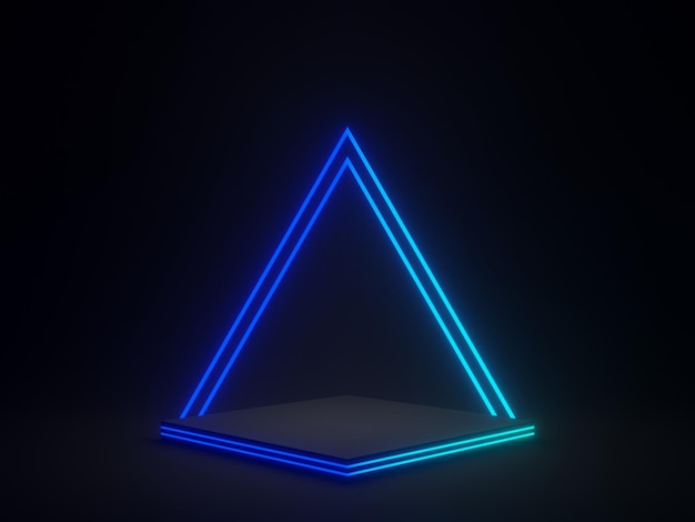 3D rendered Black geometric with blue gradient neon lights. Dark background.