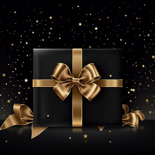 3d rendered black gift box banner with golden ribbon on black background