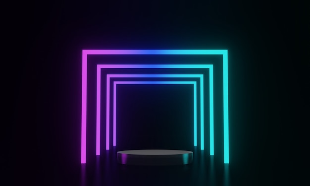 3D rendered black podium and neon light background