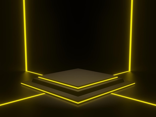 3D rendered black product stand with yellow neon lights.