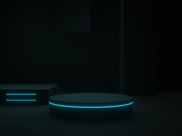 3D rendered black scientific podium with blue neon lights