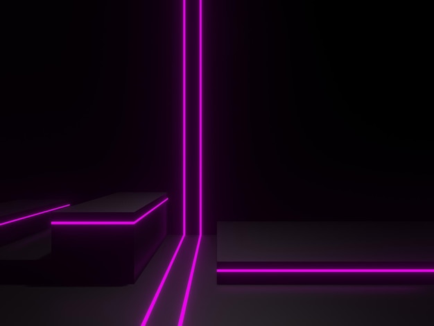 3D rendered black scientific stage podium with purple neon light. Dark background.