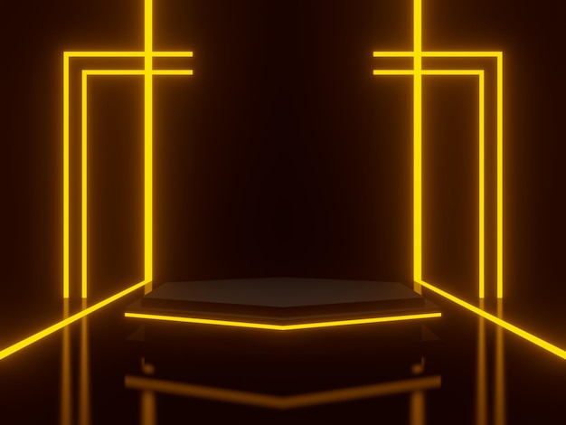 3D rendered black scientific stage with neon lights Geometric podium SciFi stand