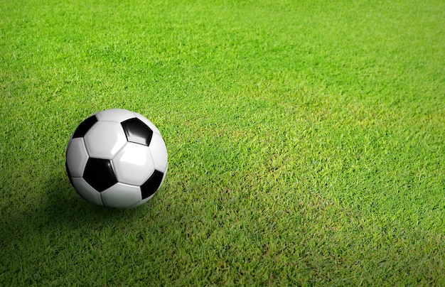 3D Rendered black and white soccer ball on green soccer football field background