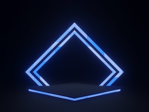 3D rendered blue geometric stand on black background. Product podium.