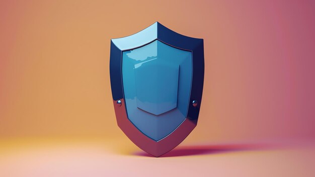 A 3D rendered blue shield with a metallic rim on a pink and orange gradient background