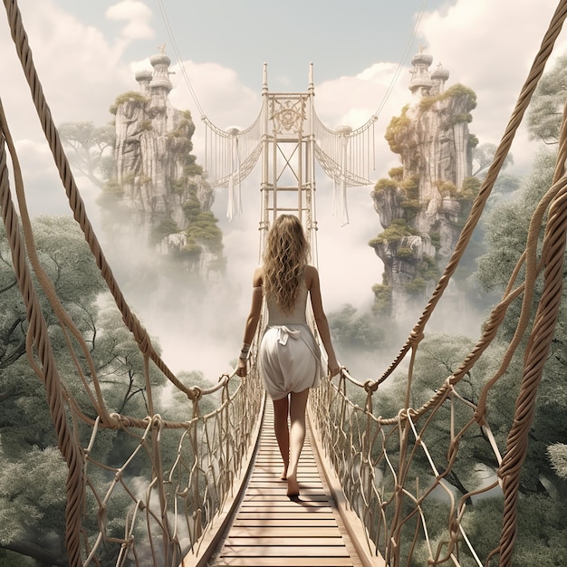 3D rendered Boho girl walking at a suspension bridge over a beautiful rear angle