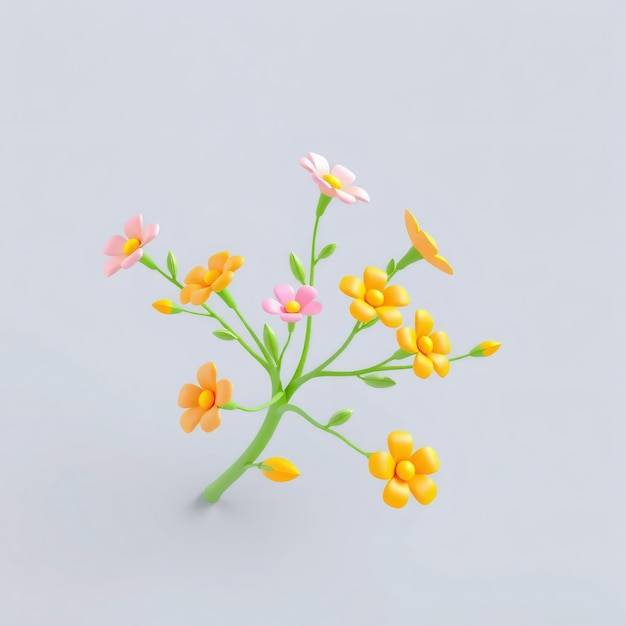 3D rendered bouquet of yellow and pink flowers on a gray background