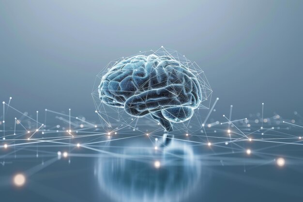 3D rendered brain with blue neon connections on a reflective surface symbolizing intelligence and t