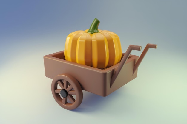 Photo 3d rendered brown cart with orange pumpkin and single wheel