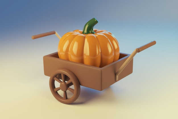 Photo 3d rendered brown cart with orange pumpkin and single wheel