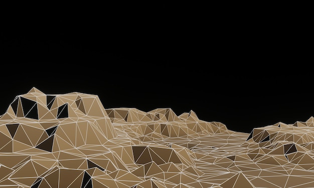 3D rendered brown low poly topographic mountain with wireframe lines.