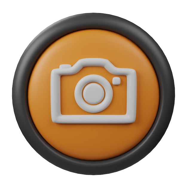 3D Rendered Camera Button Icon with Orange Color and Black Border for Creative User Interface Design