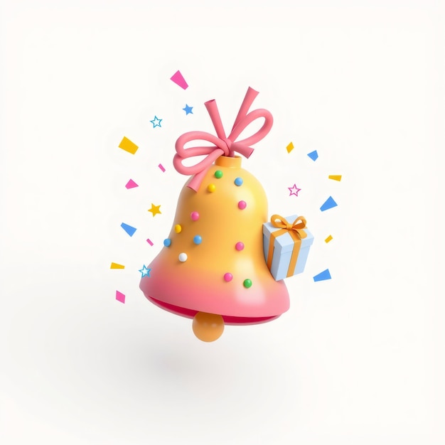 3D rendered cartoon bell with a gift box and colorful confetti