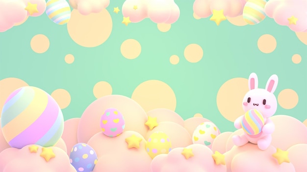 3d rendered cartoon bunny and Easter eggs background