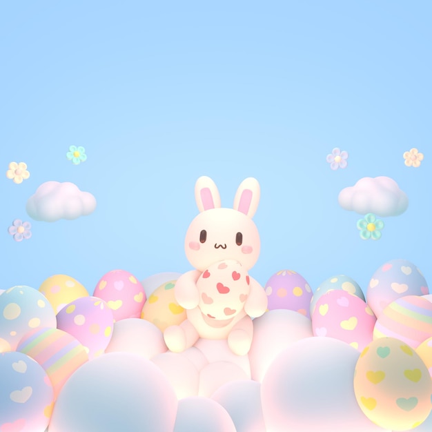 3d rendered cartoon bunny holding an Easter egg sitting on the clouds.