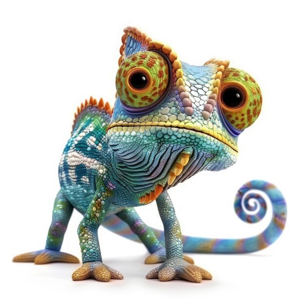 Photo a 3d rendered cartoon chameleon with colorful scales and big eyes