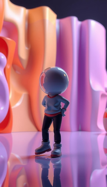 Photo 3d rendered cartoon character with a sphere head stands on a reflective surface in front of pink and orange abstract shapes