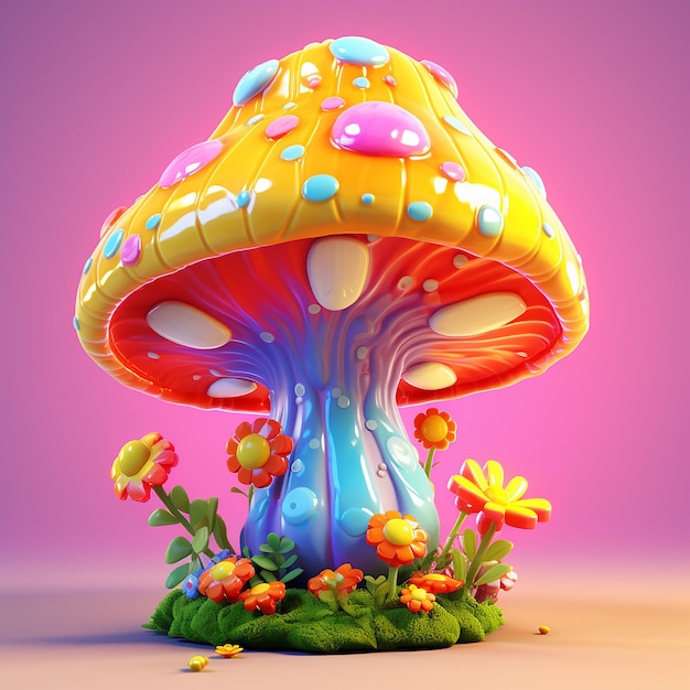 3D rendered the cartoon cute colorful mushroom