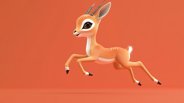 A 3D rendered cartoon deer is leaping in midair on a orange background