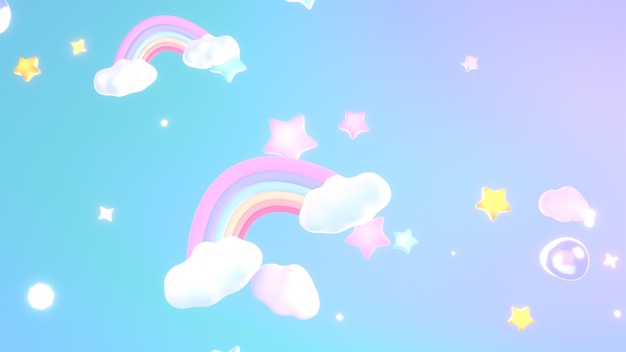 3d rendered cartoon dreamy rainbows clouds and stars in the soft pastel gradient sky