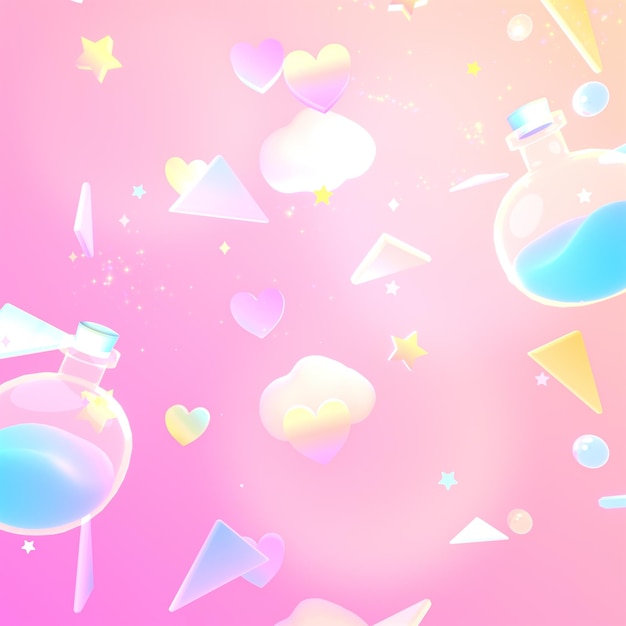 3d rendered cartoon love potions clouds hearts stars glossy triangles and magic sparkles fx